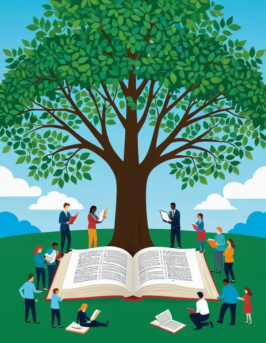 A visually engaging illustration of a diverse group of employees studying a large, open book labeled 'Leave Policies' under a tree symbolizing growth. One individual is holding a magnifying glass, symbolizing scrutiny, while another takes notes. Surrounding them are icons representing job protection, like a shield, clock, and family symbols. The background features a clear blue sky with soft clouds, creating a feeling of serenity and focus. vibrant colors. vector art.
