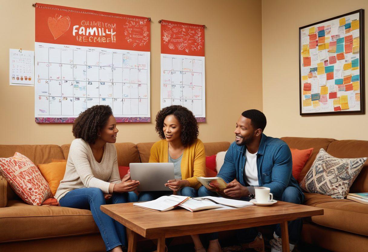 A family sitting together in a cozy living room, discussing family leave rights with comforting visuals like a laptop open to a legal website and pamphlets spread out. The scene reflects a warm atmosphere, showcasing supportive relationships, diverse family members, and a calendar marked with important dates. Soft lighting illuminates the space, emphasizing a sense of security and knowledge. vibrant colors. super-realistic.