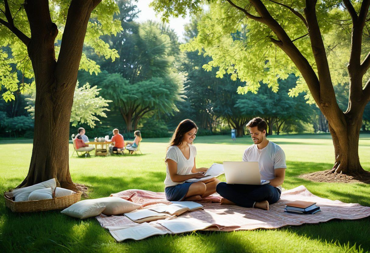 A calm and inviting workspace featuring a diverse family interacting joyfully in a park setting, symbolizing the balance between work and family life. Include elements representing medical leave, such as a calendar and a gentle reminder note. Soft sunlight filtering through trees to enhance warmth and positivity. Illustrate a harmonious mix of nature and elements of work such as a laptop and documents. super-realistic. vibrant colors. warm atmosphere.